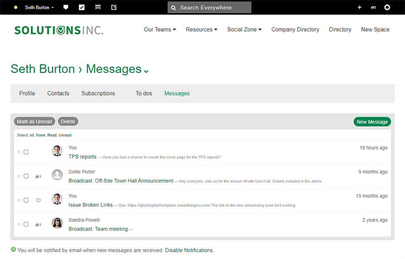 The Messages page showing a feed of received and send messages.