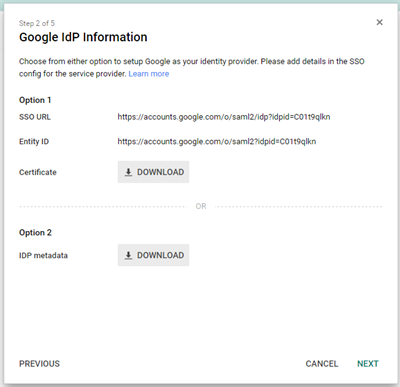 The Google IdP information window.