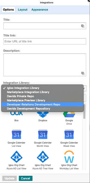 The integrations library selector on the widget's Options page