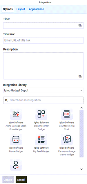 The Integration widget connected to the Gadget Depot library.