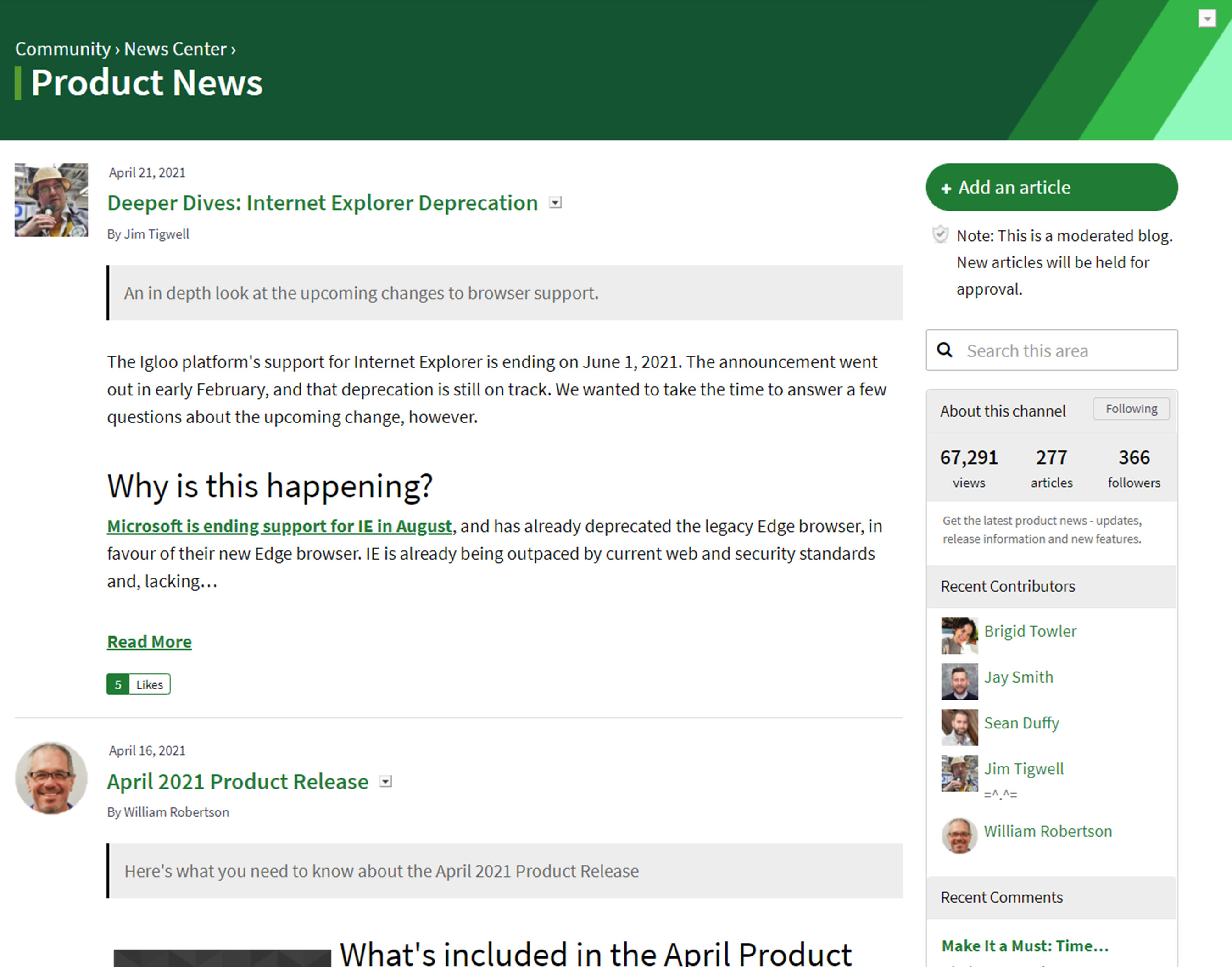A blog channel showing a feed of articles.