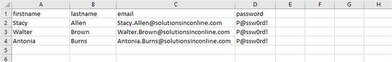 A bulk upload file with users being added to the workplace with Igloo Authentication passwords.
