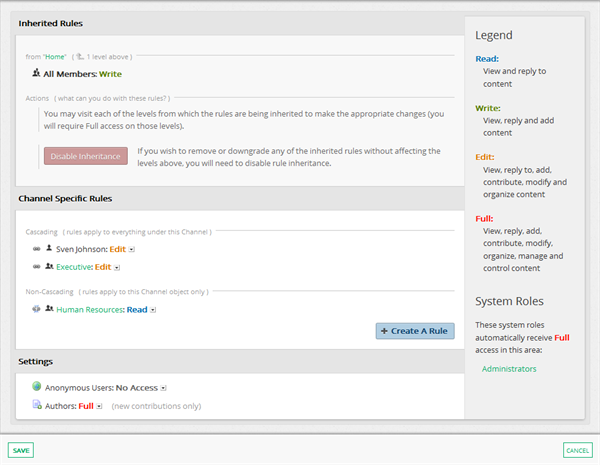 The Access page shows the inherited and specific rules that apply to a location.