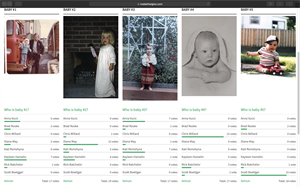 Image of five baby pictures, each with a list of votes guessing who is in the photos.