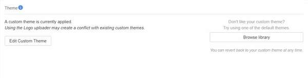 The theme section of the Appearance page when a custom theme is used.