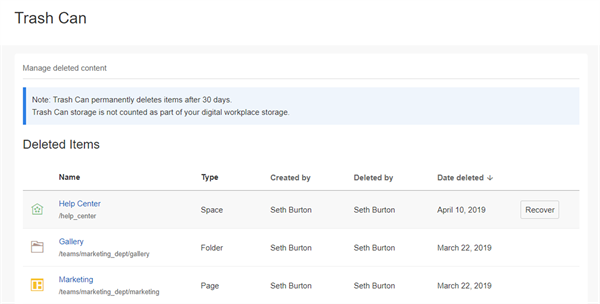 A digital workplace's Trash Can page.