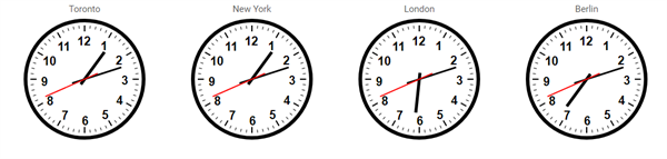 Analog clocks showing the time in multiple time zones.