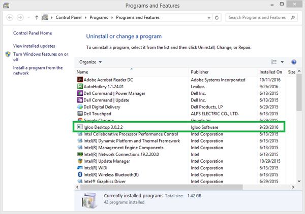 Igloo Desktop in Windows Programs and Feature menu.