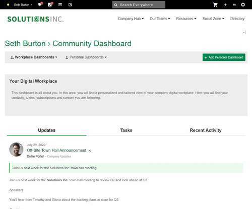 A Community dashboard that highlights recent activity in the digital workplace.