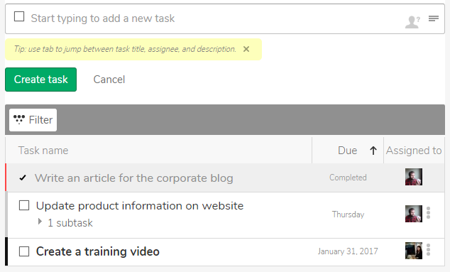 The Task widget on a page.